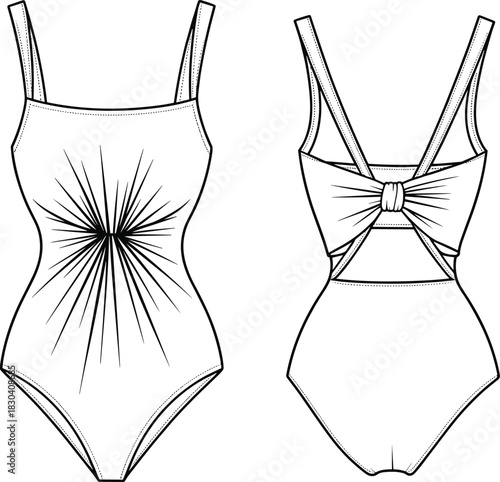 Elegant one piece swimsuit fashion technical sketch with front starburst detail and back knot design for apparel design – cad drawing flat vector illustration