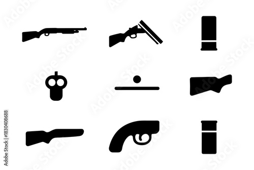 Silhouette set of gun icons featuring variety of firearms and ammunition