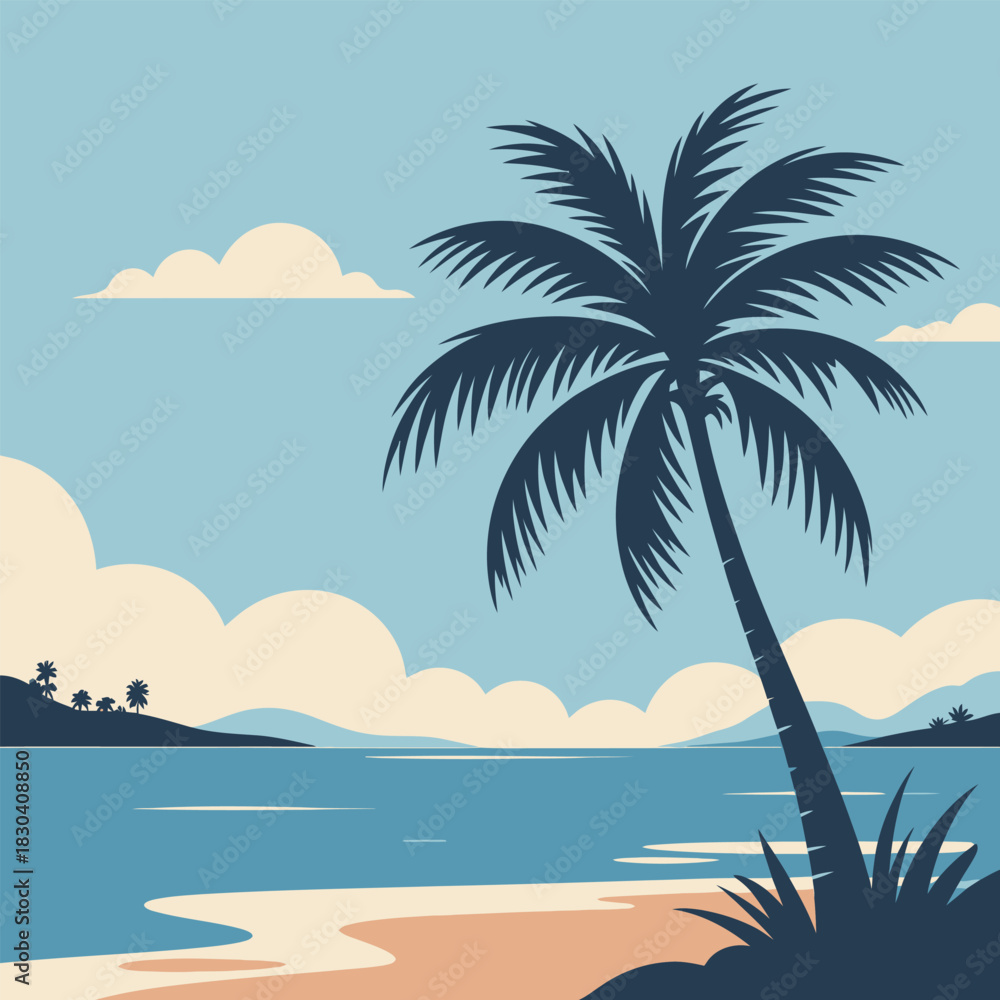 Obraz premium Tropical beach scene with a palm tree by the ocean and clouds