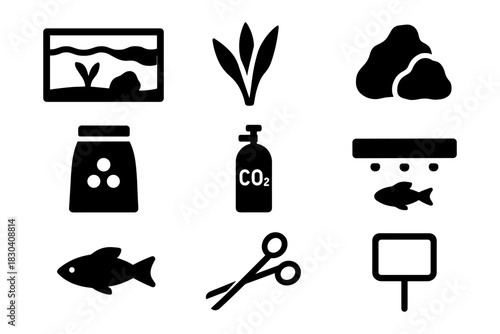Aquarium essentials: flat icons of plants, fish, and accessories for modern design