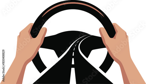 Hands on steering wheel driving on a winding road journey ahead