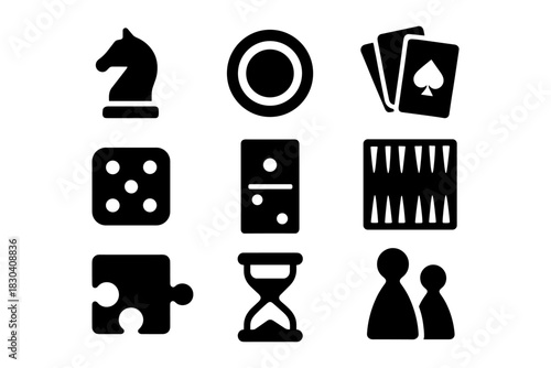 Classic board games and iconic game elements in black and white silhouette style