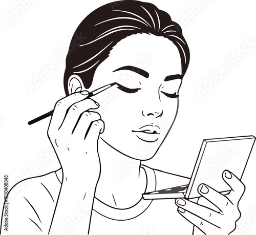 Young woman carefully applying eyeshadow with makeup brush while looking into small handheld mirror, beauty routine illustration for cosmetic tutorials and skincare content