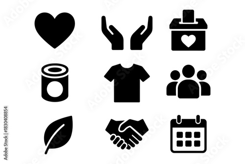 Charity icons collection: heart, hands, donation box, food can, shirt, team, leaf, handshake, calendar