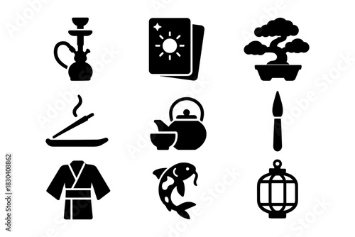 Traditional asian elements: silhouette icons of culture, art, and lifestyle