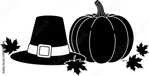 Pilgrim hat, pumpkin, and fall leaves silhouette for thanksgiving