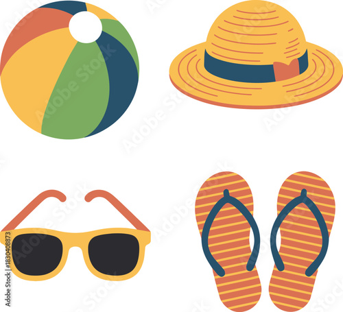 Summer beach holiday items flat design vector illustration set
