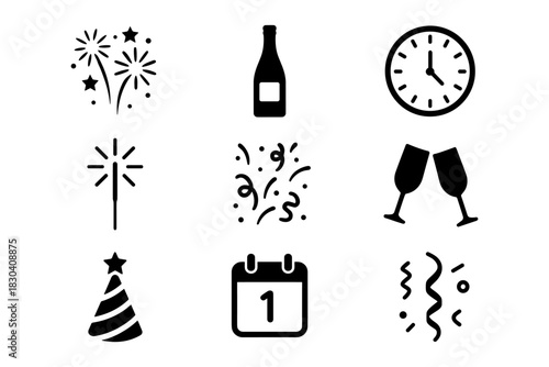 Celebration elements: party icon set with fireworks, clock, and champagne