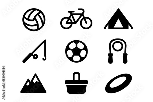Outdoor sports and camping icons in bold black silhouette style