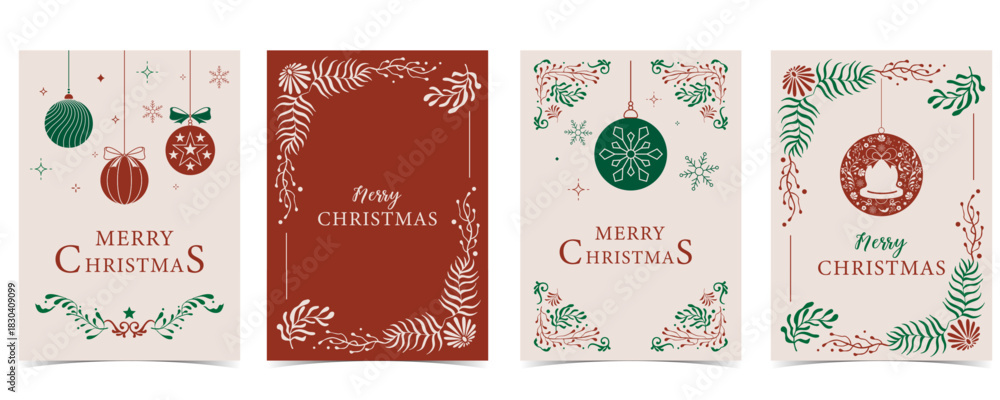 Naklejka premium Merry christmas invitation card with tree, bell, green, red decoration and art deco design