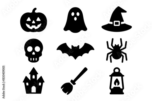 Halloween silhouette set: ghosts, pumpkins, bats and more icon collection