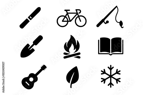 Outdoor activity icons: adventure, nature, and leisure symbols in simple black design