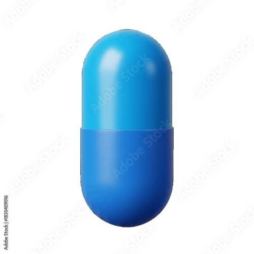 Isolated blue capsule pill representing medication, pharmacy, and healthcare concepts. A 3D rendered graphic of a single drug for medical treatment and vitamin supplements