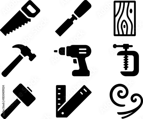 Minimalist black tool icons: hammer, saw, drill, and more