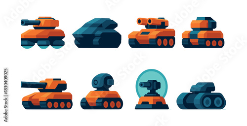 Military tank collection, flat vector illustration, armored vehicles, artillery pieces