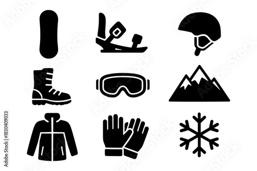 Essential winter sports icons: helmet, snowboard, goggles, boots, jacket and more