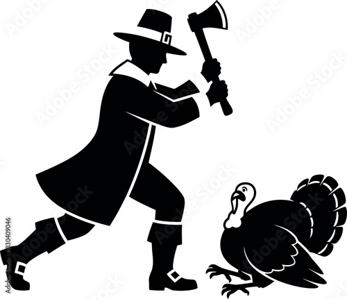 Pilgrim hunter with axe preparing to catch a turkey silhouette