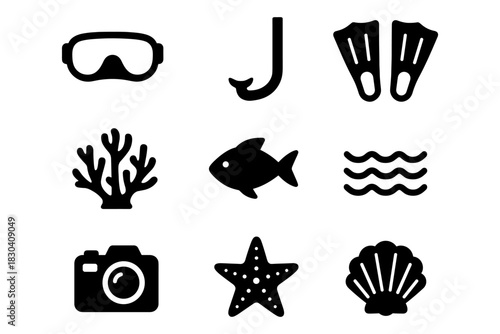 Diving elements set: snorkel, fish, and sea icons in flat style