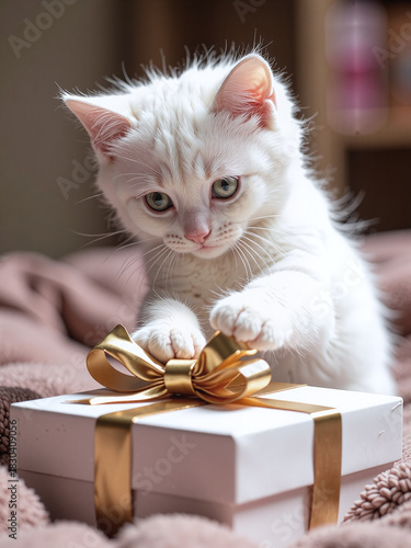 White kitten pawing at the golden ribbon bow on a gift box,Playful kitten details add liveliness, perfect for holiday ads and illustrations.