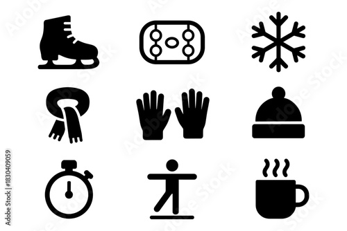 Winter sports and cozy essentials icons set in black and white style