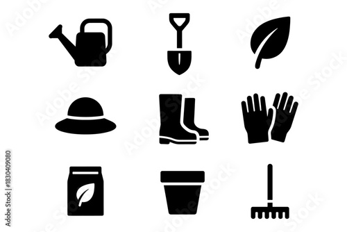 Essential gardening tool icons: simple silhouette illustrations for outdoor activities