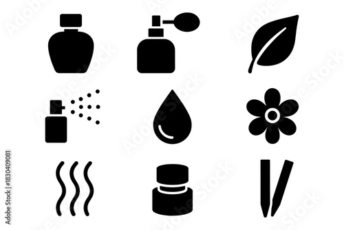 Aromatherapy icons set: perfume bottles, leaves, and flowers in minimalist black silhouette style