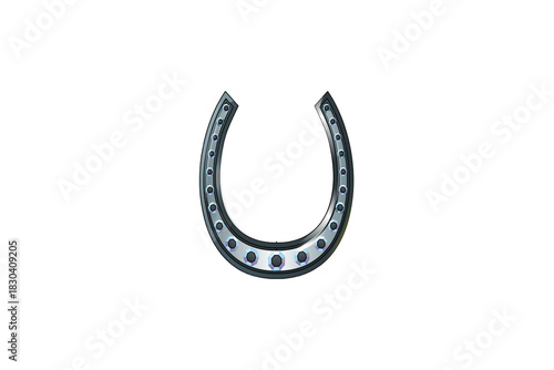A metallic silver horseshoe is a U-shaped piece nailed to a horse's hoof isolated on white background.