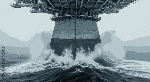 A colossal offshore oil rig stands resiliently against powerful ocean waves, extracting vital energy resources from the deep sea amidst challenging weather.