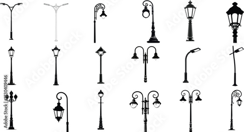 Collection of silhouette street lights and lamp posts in varied styles