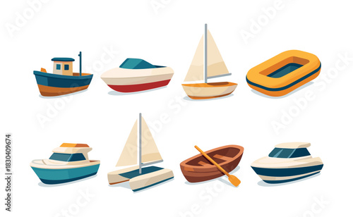 Boat collection, sailing, kayaking, flat vector illustration of watercraft