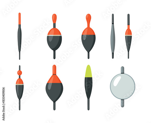 Fishing floats collection, bobbers, tackle, flat vector illustration
