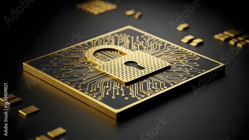 A golden padlock symbol on a computer processor microchip representing advanced hardware-level cybersecurity and data encryption technology