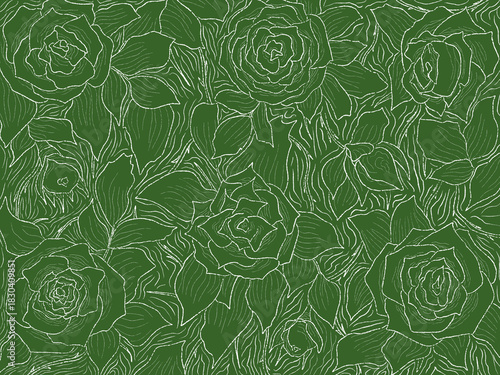 seamless pattern with rose flowers. hand drawn outline on holiday season vibes background. high resolution for design with a whimsical and enchanting green theme