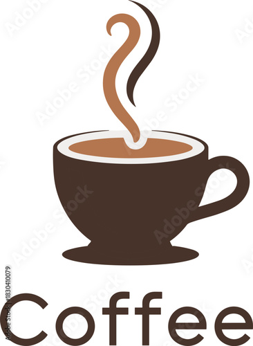 Coffee cup logo, hot drink vector, steam swirl graphic, café branding, espresso icon, beverage illustration, stylish mug, saucer design, warm drink symbol, coffee typography