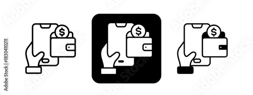 Digital Wallet  Solid color and black line drawing vector illustration set