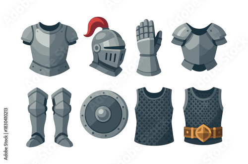 Medieval armor set, helmet, shield, and gauntlet, flat vector illustration
