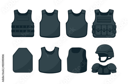 Bulletproof vest and helmet, military gear collection, flat vector illustration