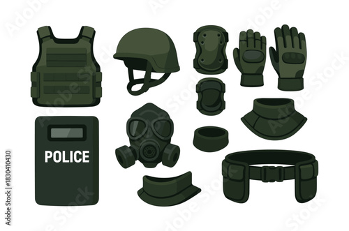 Police equipment vector illustration, flat vector style, armor and protective gear