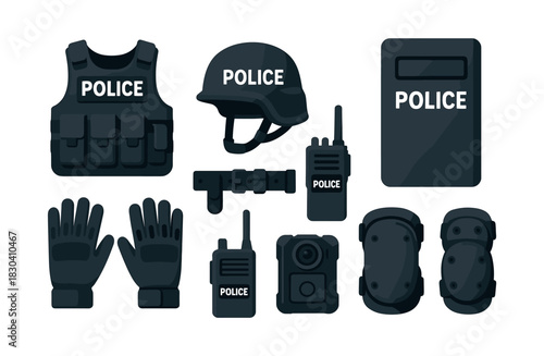 Police gear set vector illustration, tactical equipment, flat vector style design