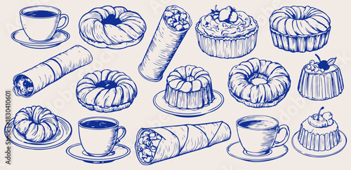 Hand Draw Doodle Brush Crayon Bakery Set. Charcoal Pencil Buns, Croissants, Shawarma, Cheesecakes, Pies and Pastries. Cute Crayon Paint Pastries for Food, Menu, Café Design. Vector Illustration