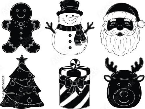 MobileChristmas icons, gingerbread man, snowman, Santa face, gift box, reindeer, festive tree, holiday symbols, flat vecto