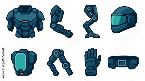 Futuristic armor components, flat vector illustration, exosuit, high-tech gear