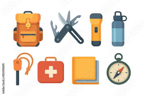 Camping gear collection, flat vector illustration, backpack, survival tools, compass