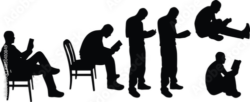 Vector collection of man reading book silhouettes, sitting on chair and floor, standing poses for education graphic design set