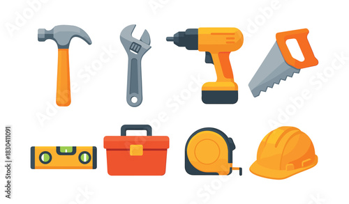 Construction tools set, work tools, hardware, flat vector illustration
