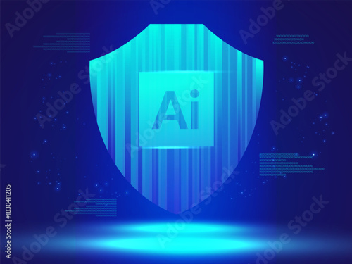 Artificial intelligence with Futuristic AI Technology Digital hologram shield and light blue effect on dark blue background vector design concept. AI technology for advanced technology, cyber security