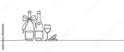 Continuous line art of two champagne bottles and a wine glass with a festive bow and berries