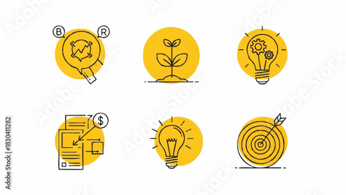 Flat lay of six yellow icons representing business concepts on a white background with black outlines and minimalistic design.