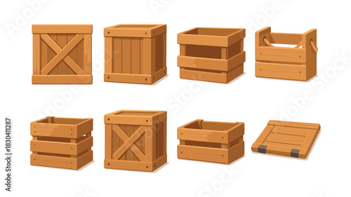 Wooden crate collection, boxes, packing, flat vector illustration