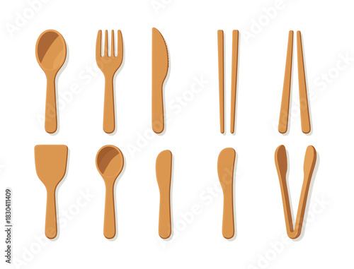 Wooden cutlery set, spoons, forks, chopsticks and knives, flat vector illustration